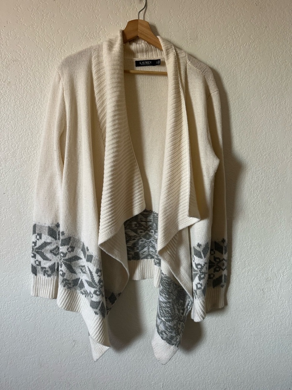 Lauren Ralph Lauren Fair Isle Wool Open-Front Waterfall Cardigan Cream & Grey -L